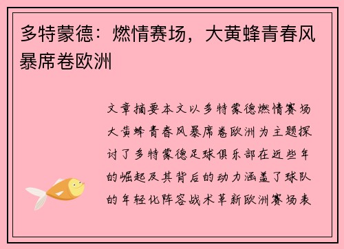 多特蒙德：燃情赛场，大黄蜂青春风暴席卷欧洲