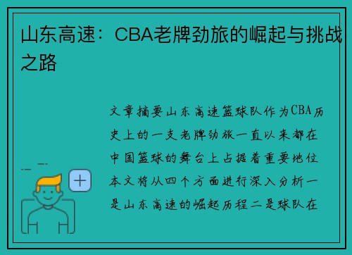 山东高速：CBA老牌劲旅的崛起与挑战之路