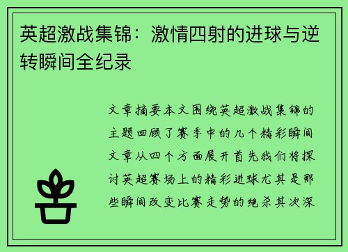 英超激战集锦：激情四射的进球与逆转瞬间全纪录