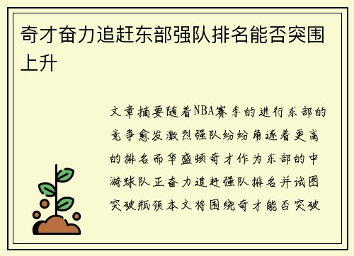 奇才奋力追赶东部强队排名能否突围上升